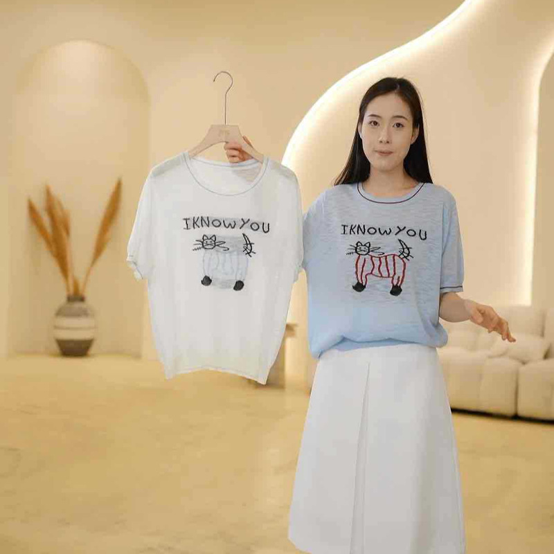 H0518-183 Korean-Style Cat Letter Design Washi Yarn Short-Sleeve Shirt g H0518-183 Korean-Style Cat Letter Design Washi Yarn Short-Sleeve Shirt g