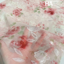 法式复古雪纺面料  玫瑰提花印花布晕染连衣裙女装布料数码印加工