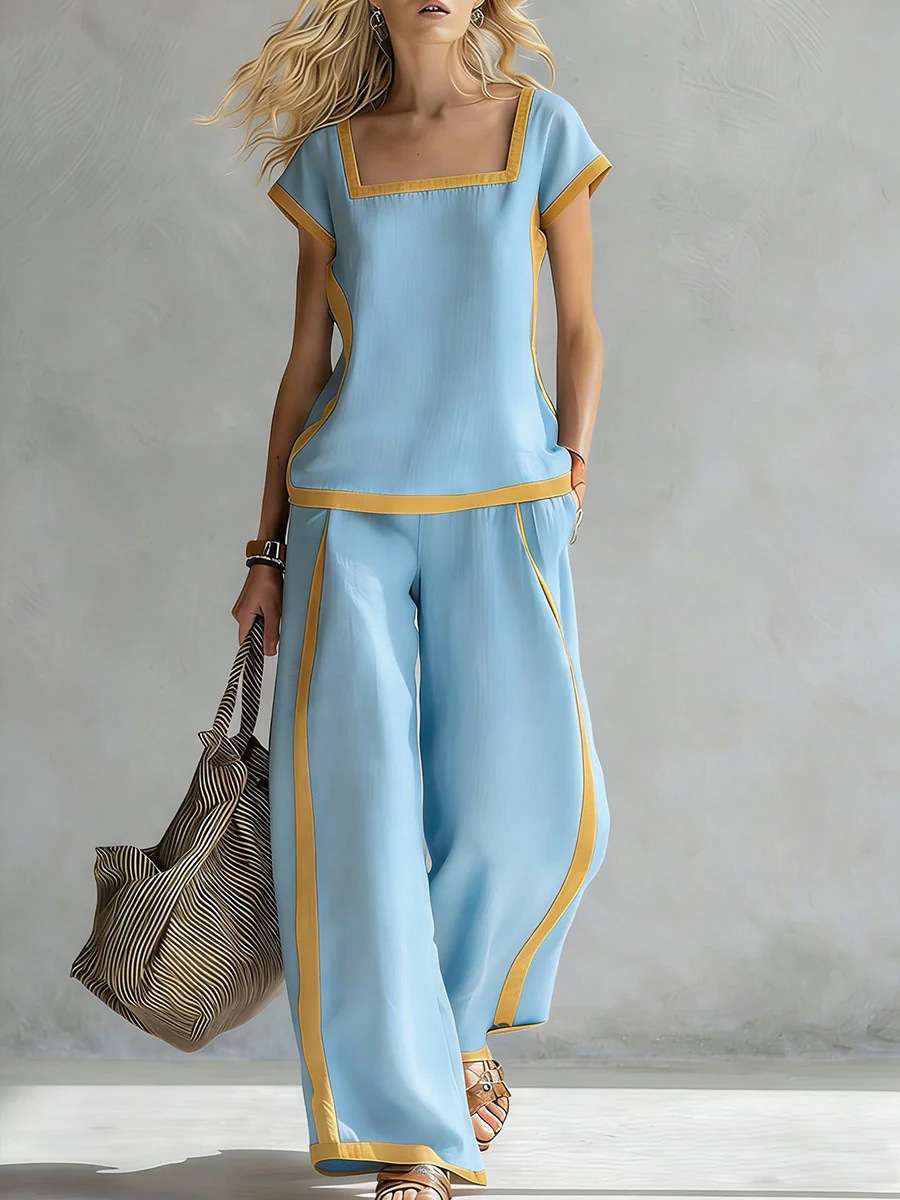Women's Clothing Women's Cotton Linen Set Square Neck Short Sleeve Top High Waist Casual Loose Trousers Style_ecoleips.com