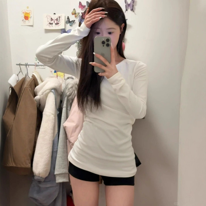 韩系中长款白色正肩长袖T恤女春秋冬新款内搭打底衫修身上衣批发|undefined