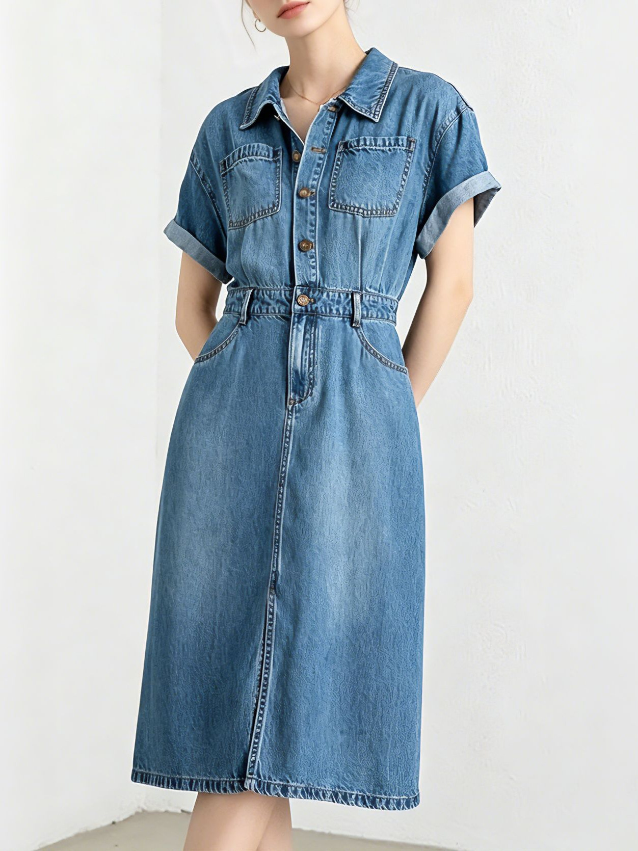 Đầm maxi nữ thắt eo chất liệu denim phối tơ acetate mềm mại, không bí bách — xanh lam