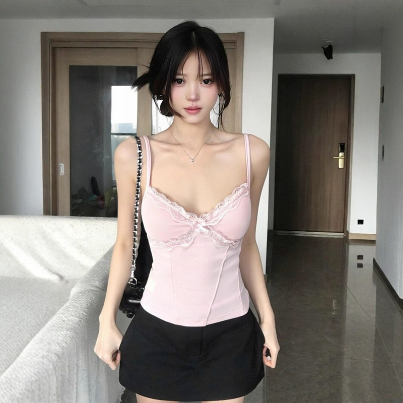 [260g Rayon Modal] Pink Lace Camisole for Women, New Summer Style Top with Breast Pads for Hot Girls