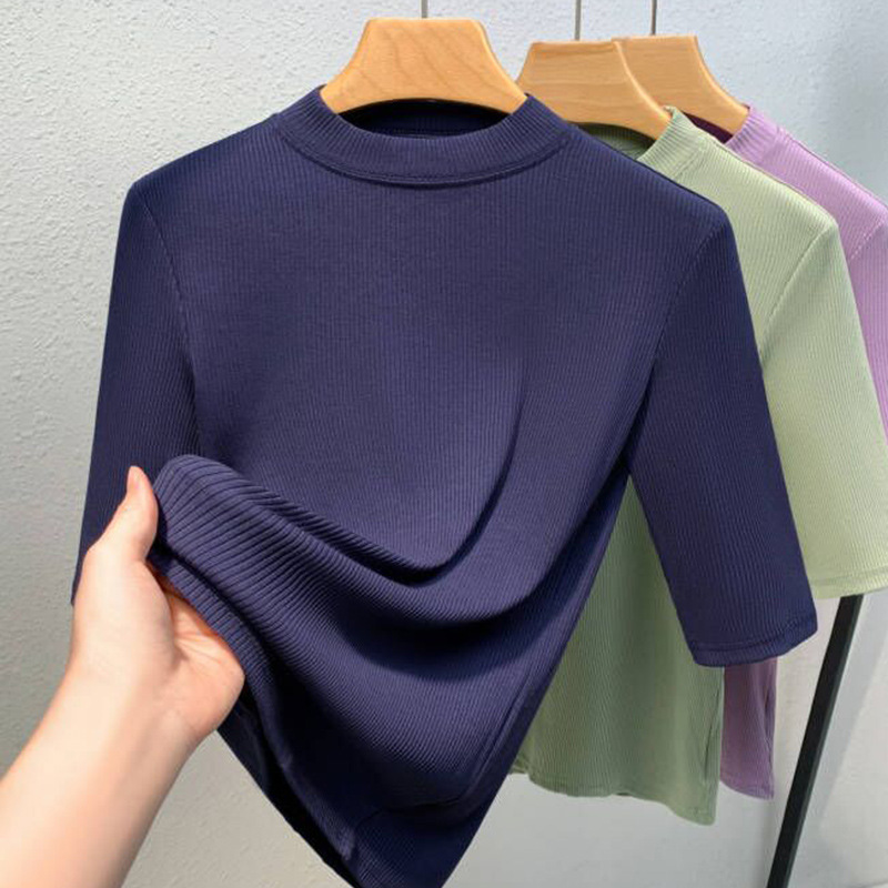 Camisa de fondo de hilo de mujer 2023 nueva camiseta de media manga de cuello alto elegante para mujer Camiseta de media manga interior elástica