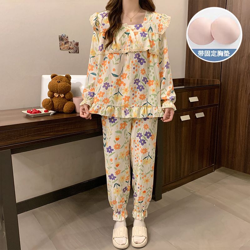Al por mayor transfronterizo primavera y otoño nuevo pijama de mujer cinturón de pecho tejido nubes algodón manga larga dulce princesa ropa de estilo casero cubierta