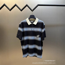 高版本D家25ss 铃兰刺绣蓝色间条翻领polo衫时尚简约百搭男女短袖