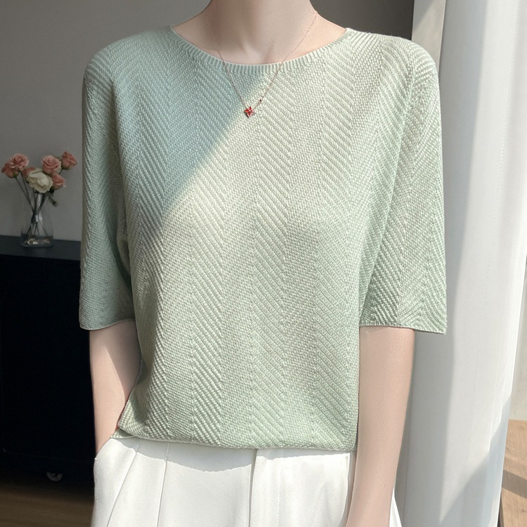 Cross-Border Wholesale of High-End Ready-To-Wear Seamless Short-Sleeve Women's Pullover Knitwear, Silk and Wool Half-Sleeve Tops