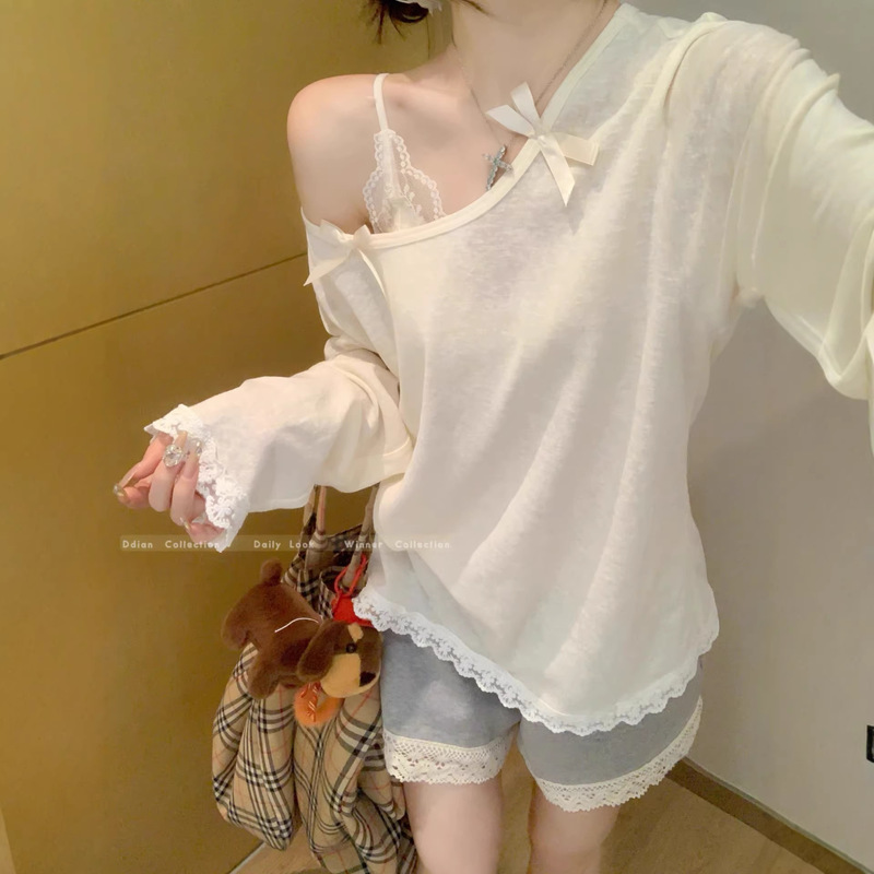 Asymmetrical Collar Bow Long-Sleeve Sun-Protective T-Shirt for Women, Spring 2026 New Korean Style Loose Lace Patchwork Top