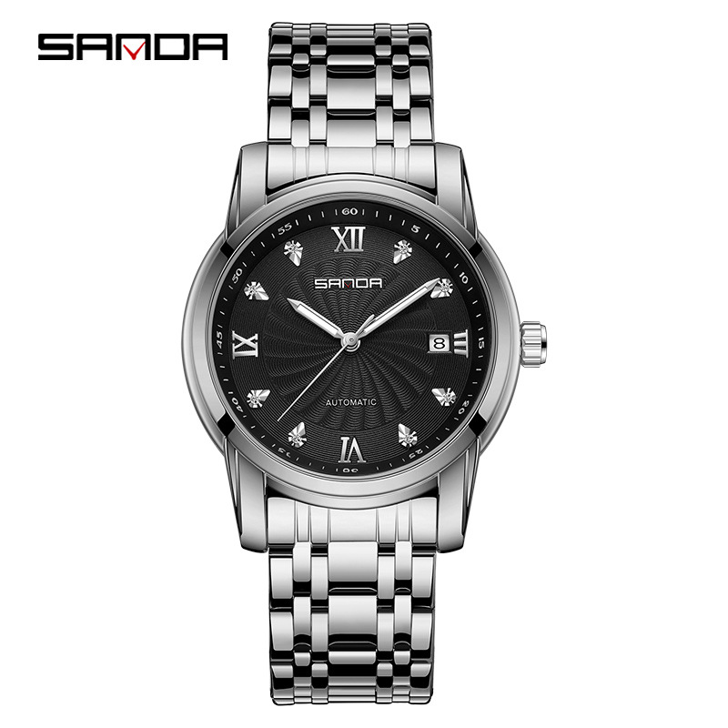 Sanda 7007 correa de acero para hombre reloj mecánico automático transparente inferior rhinestone moda manual reloj mecánico