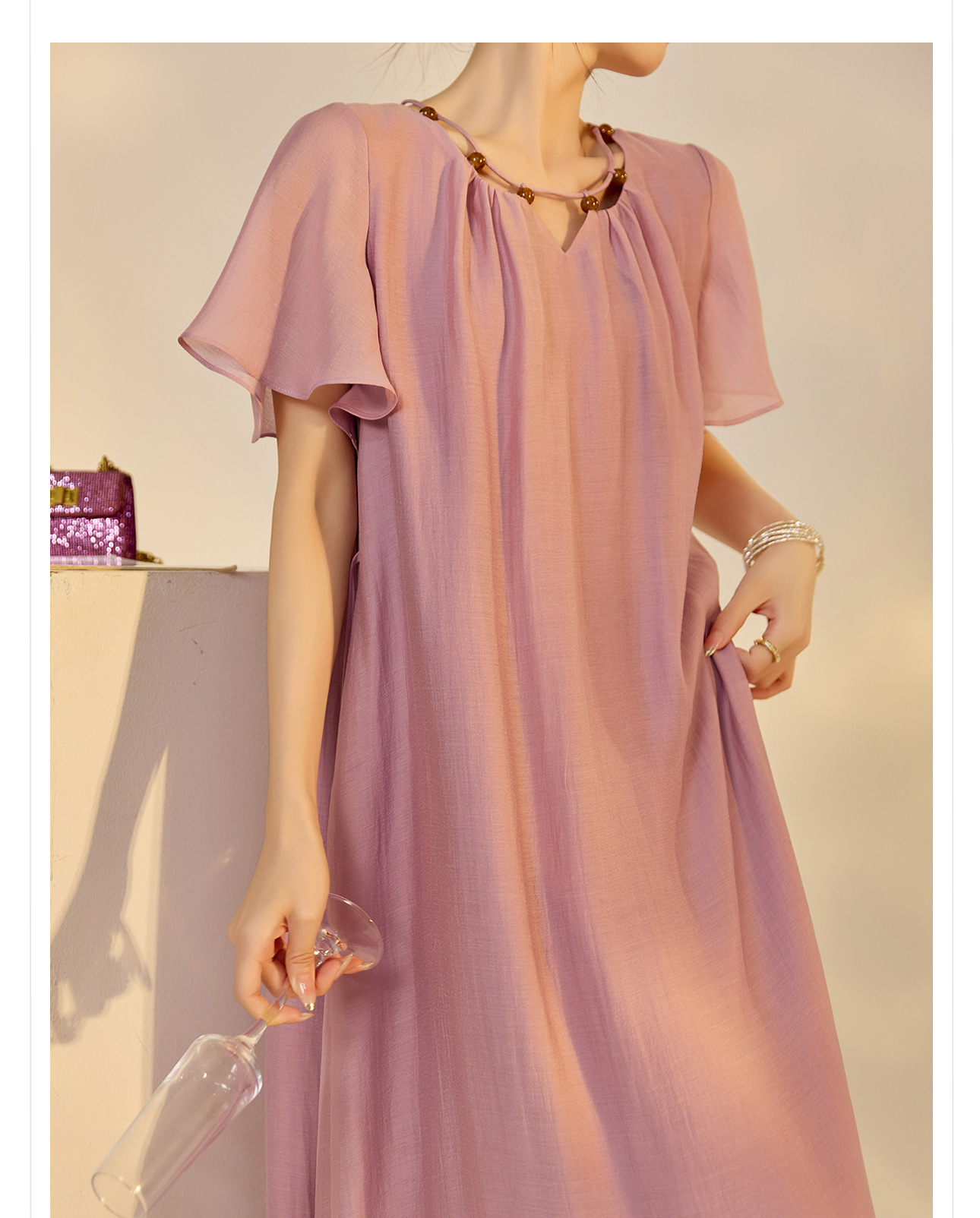 Đầm maxi nữ thắt eo tay lá sen chất Tencel phong cách dân tộc — Taro màu tím chi tiết 5