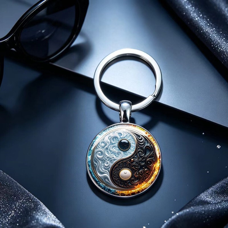 Cross-border foreign trade hot-selling accessory: Yin-Yang Tai Chi Bagua pattern time gemstone keyring keychain pendant