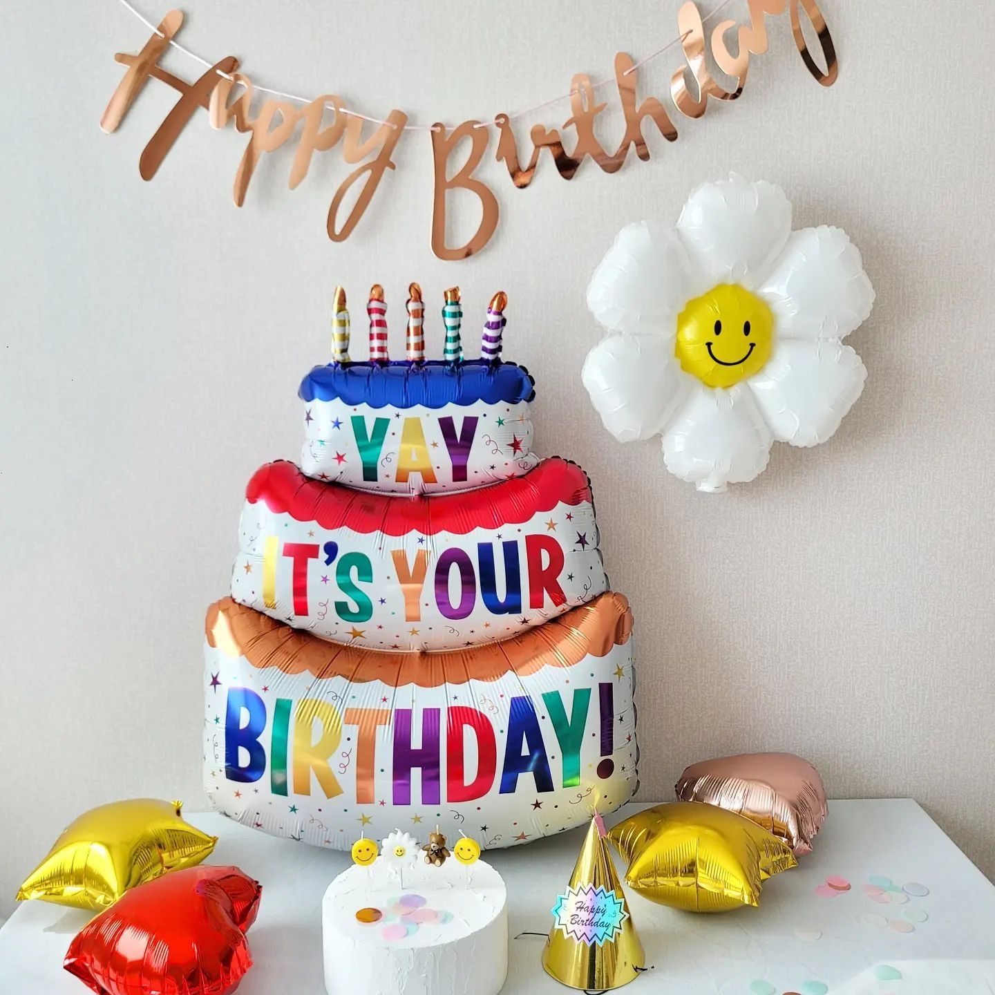 多种彩色蜡烛三层蛋糕系列铝膜气球儿童生日派对气球背景布装饰