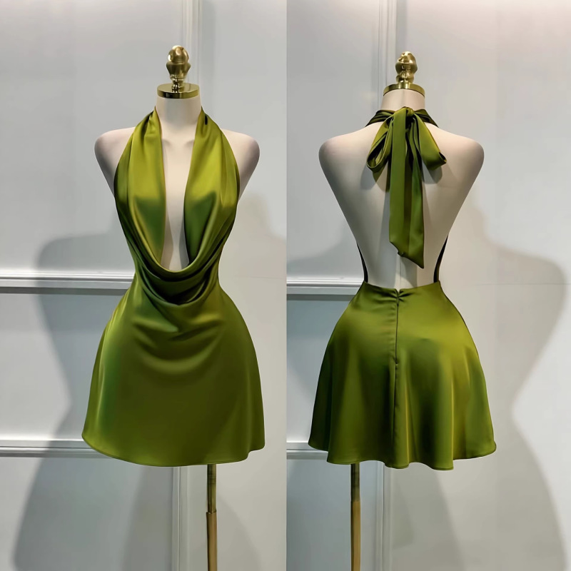 Ready-To-Wear 100g Foreign Trade Label Size Women's Solid Color Satin Back Zipper Open-Back Fitted Dress for Vacation Party Dinner Ready-To-Wear 100g Foreign Trade Label Size Women's Solid Color Satin Back Zipper Open-Back Fitted Dress for Vacation Party Dinner