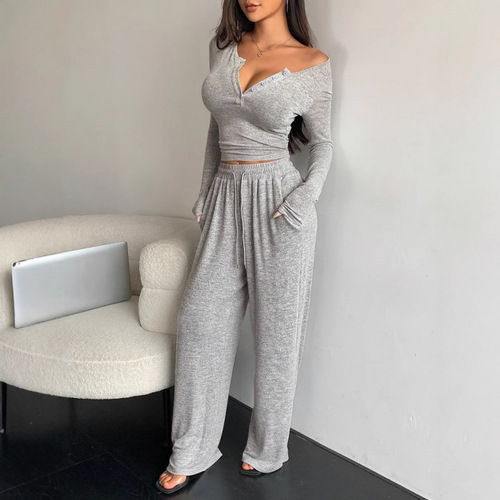 New spring and autumn short style slim v-neck buttoned long-sleeved T-shirt bottoming shirt wide-leg pants trousers suit Europe and America