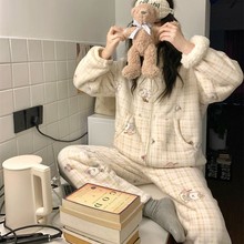 韩国ins 冬季格纹兔子可爱保暖加厚舒适家居服睡衣套装