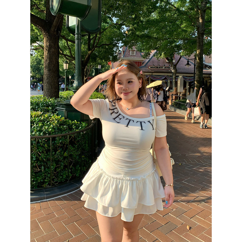 【Sweet Adventure】Plus-size off-shoulder short-sleeve T-shirt, slimming versatile top, high-waisted slimming skirt for women 【Sweet Adventure】Plus-size off-shoulder short-sleeve T-shirt, slimming versatile top, high-waisted slimming skirt for women