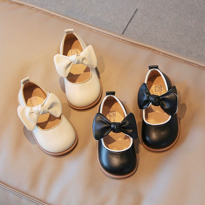 Корейский стиль, обувь принцессы для девочек с большой круглой головкой и милым бантом, осень 2022, новая детская Маленькая кожаная обувь, детская обувь для волос