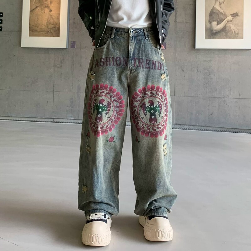 Japanese Okayama High-End Angel Wings Print Jeans for Men, Loose Straight-Leg Washed Heavy-Duty Street Style Pants