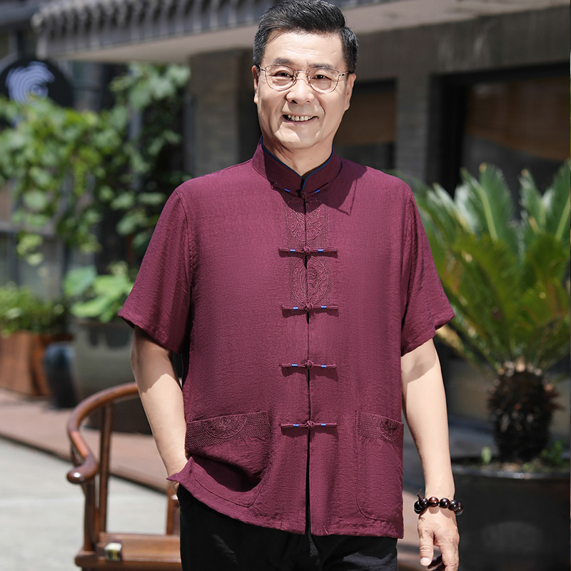 Dad's Tang-style short-sleeved suit, summer Chinese style elderly clothes, loose cotton and linen top, middle-aged and elderly grandfather's outfit