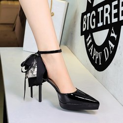 2331-H108M European and American style patent leather pointed buckle hollow waterproof platform super high heels big bow ribbon shoes