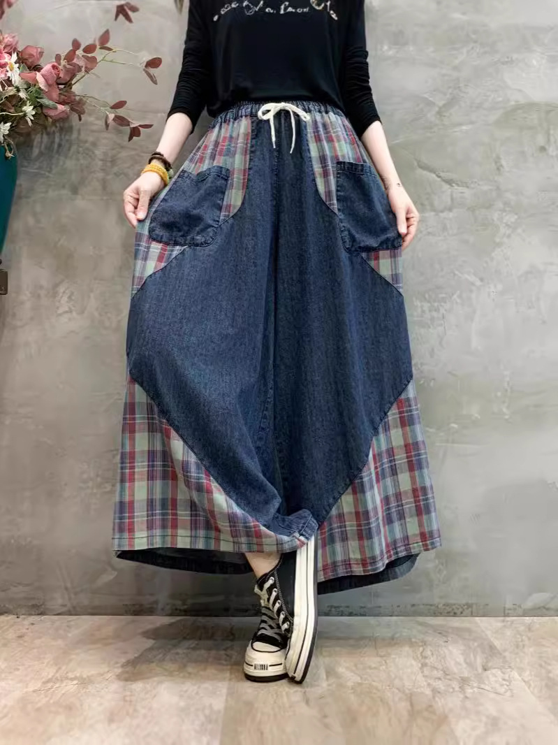 直筒裤女 新款拼接格子贴布口袋高腰系带阔腿外搭牛仔裤女批发