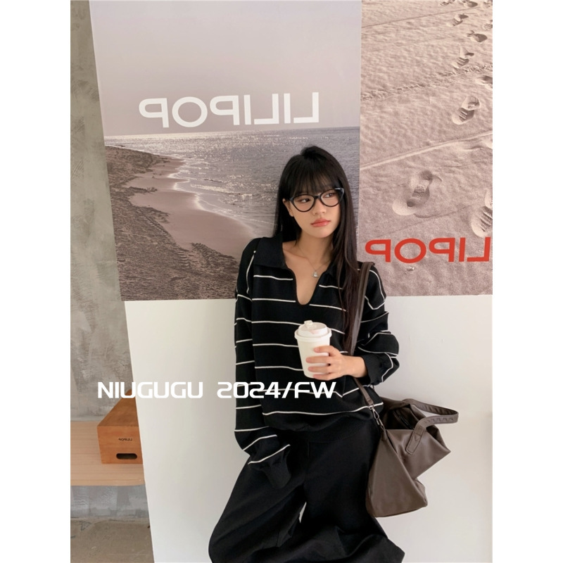 NIUGUGU 慵懒风POLO领条纹长袖针织衫女2025秋高腰阔腿裤两件套|undefined