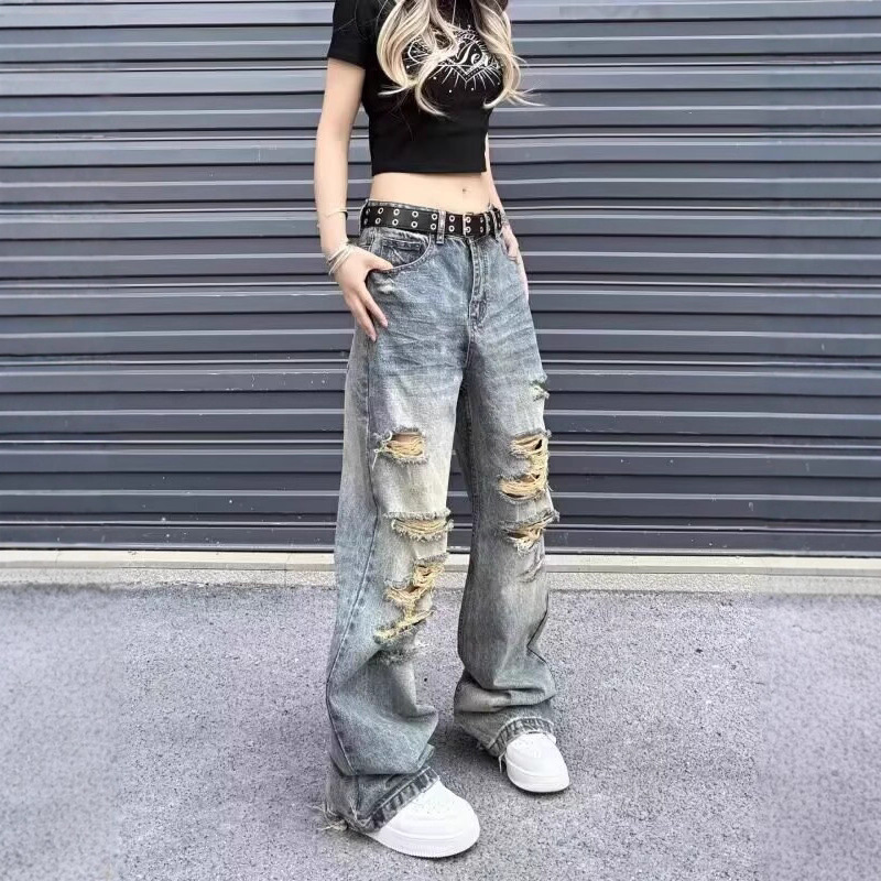 American Street Style Washed Distressed Ripped Jeans for Men Spring & Fall Straight Loose European and American High Street Vibe Style Long Pants