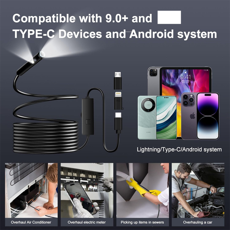 LED Endoscope Camera 1920P HD Pipe Inspection Waterproof 16.4 Feet Semi-rigid Industrial