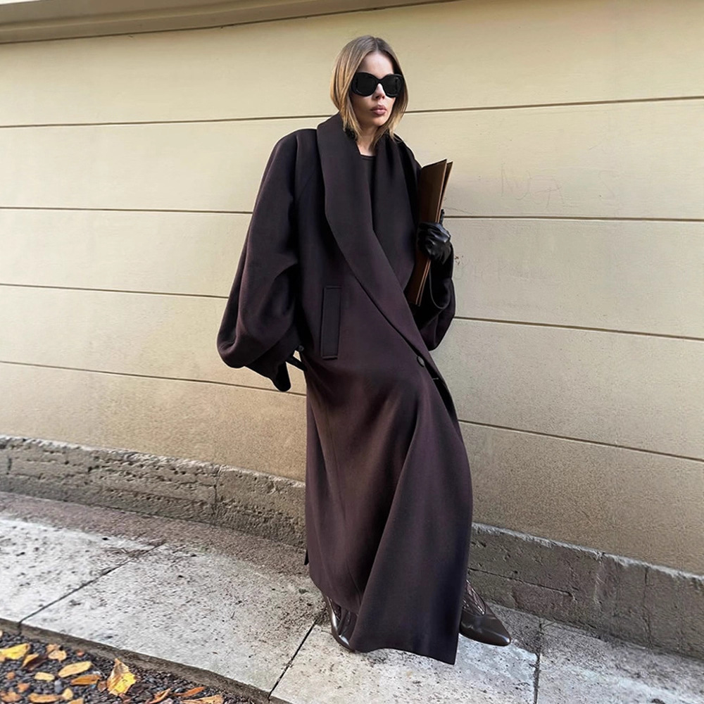 Elegant Style Pure Color Lapel Cocoon-Shaped Long Loose Outwear Jacket 2025 Autumn and Winter New Cross-Border European and American Style