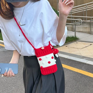 工厂批发斜挎包女可爱撞色柔软针织手机包小众设计编织蘑菇单肩包