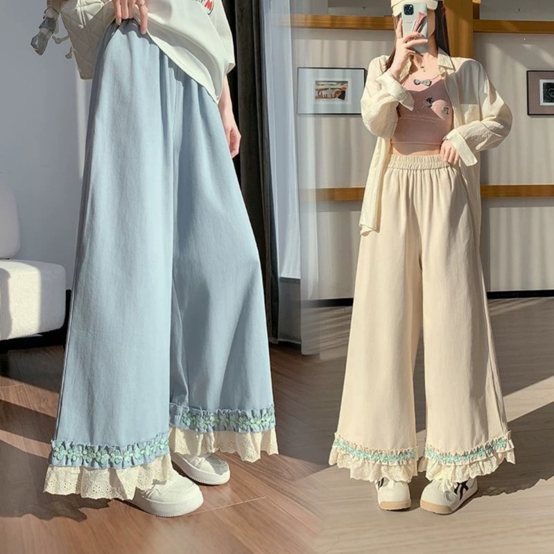 Hollow-Out Lace Wide-Leg Pants for Women 2026 New Spring/Summer Lace Patchwork High-Waisted Casual Loose Straight Nine-Point Pants