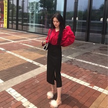 社会女裙子套装女快手网红同款春秋防晒长袖衬衫+开叉包臀半身裙