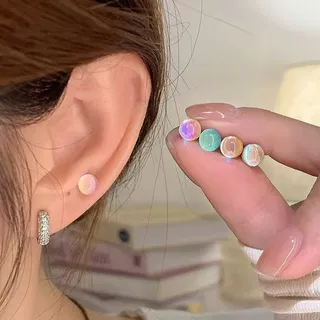 炫彩透明医用钛钢耳钉梦幻半圆多巴胺彩色圆球免摘女平底耳蜗钉