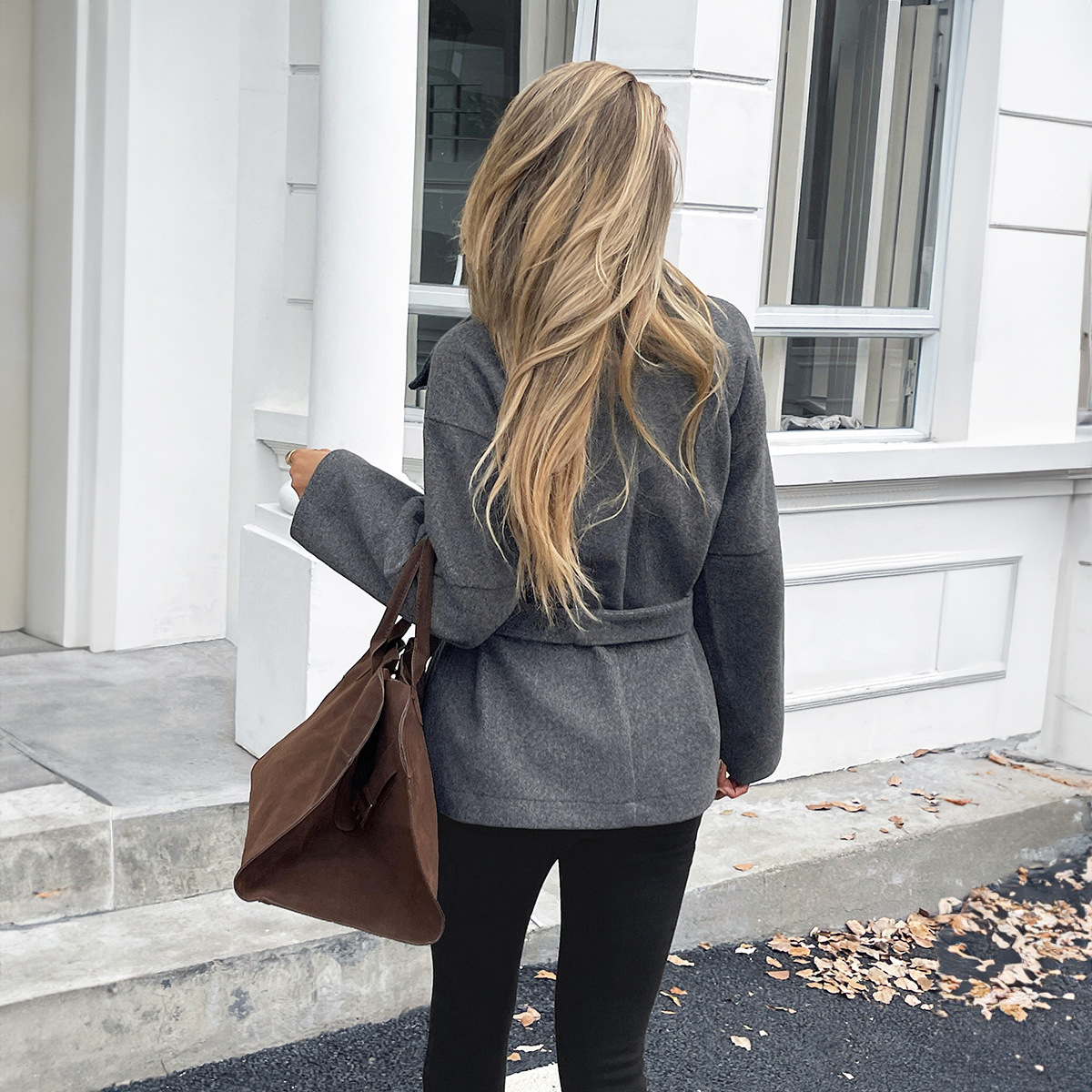 Elegant Belted High-Neck Trench Coat For Women – Timeless Outerwear In Deep Gray & Wine Red Trench Coat_voghion.com