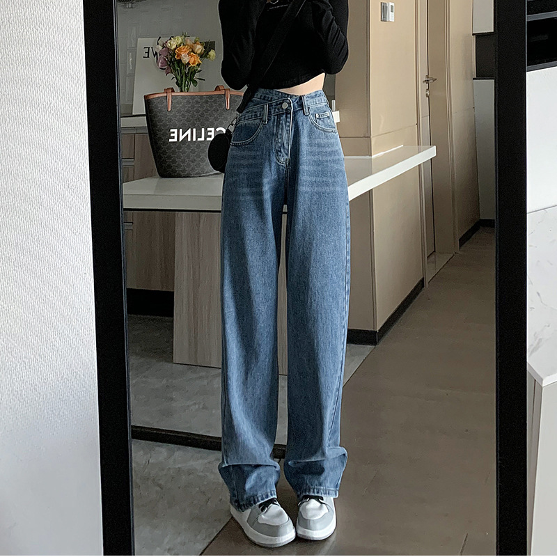 Blue wide leg jeans women's summer 2022 thin cross waist loose high waist straight tube mop design pants