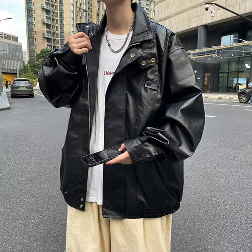 Vintage Hong Kong Style Collar Biker Jacket  New Retro Casual Cool Loose Collar Black Leather Jacket for Men
