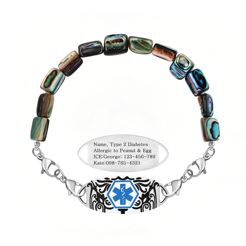 Cross-Border Supply of Natural Abalone Shell Cowhide Beads Medical Alert Bracelets, European and American Stainless Steel Medical Alert Bracelets