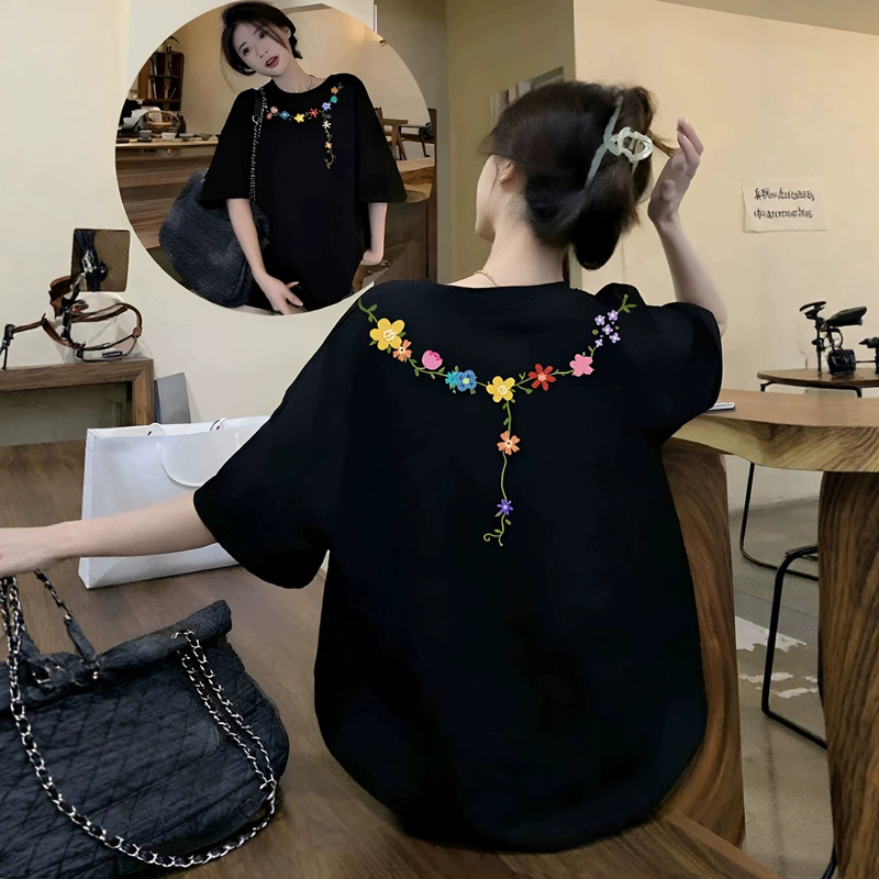 Pure Cotton Short-Sleeved T-Shirt for Women 2026 Summer New Style Loose Large Size Top Korean Fashion Style Black T-Shirt Clothing Pure Cotton Short-Sleeved T-Shirt for Women 2026 Summer New Style Loose Large Size Top Korean Fashion Style Black T-Shirt Clothing