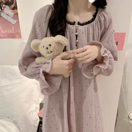 韩国ins女士睡裙女士黑色圆点双层棉纱蕾丝领口睡衣家居服珍珠扣