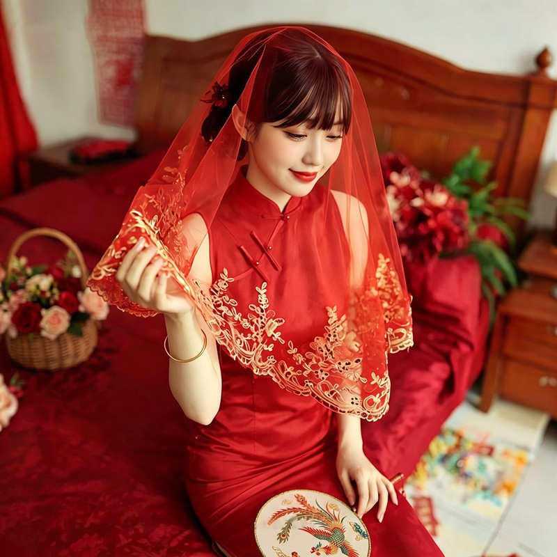 Bride's Red Hijab Wedding Chinese Style Xiuhe New Chinese Style Lace Translucent Red Mesh Ancient Style Head Covering
