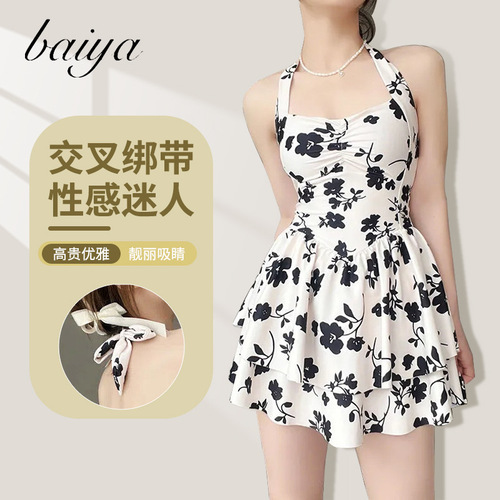 Swimsuit Women's High-end Pure Desire Ins Style Peony One-piece Swimsuit with Strap Waistline Holiday Hot Spring Swimwear 