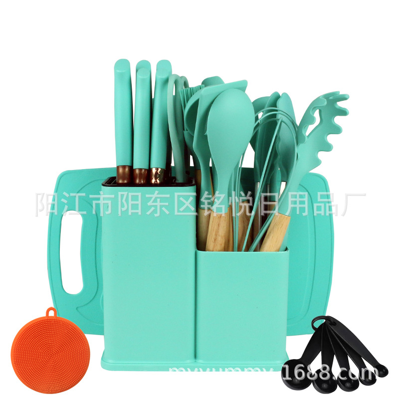 Cuchara de silicona con mango de madera, juego de utensilios de cocina, combinación de cuchillos, cuchara resistente a altas temperaturas, sartén antiadherente, cubo de almacenamiento, juego de 25 piezas para el hogar