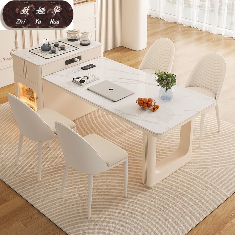 Tea Table, Dining Table, Integrated Dining Table and Chairs, Light Luxury Combination, Simple Home Modern Small Apartment, Cream Telescopic Island Table, Slate