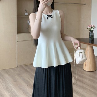 Summer 2024 New French U-neck Bow Waistline Slimming Lotus Leaf Sleeveless Knitted Vest Top for Women