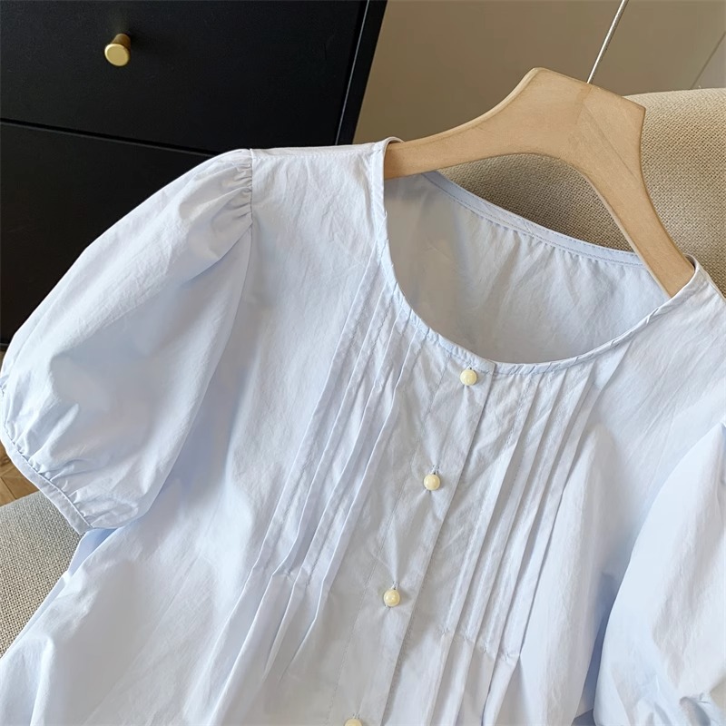 Áo sơ mi nữ tay bồng cổ tròn phong cách Hàn Quốc, dáng rộng xếp ly tôn dáng mùa hè — Màu xanh lam nhạt chi tiết 5