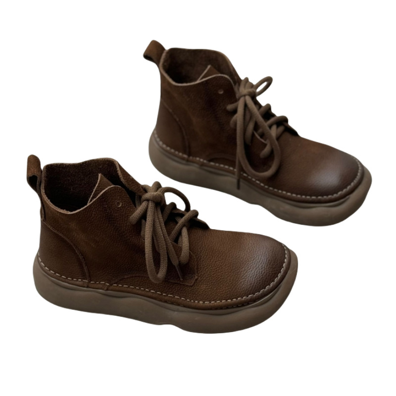 2025秋冬新作 レトロ風本革ショートブーツ ハンドメイド綿麻風ワイドトゥ紐付き一層牛革レディースブーツ