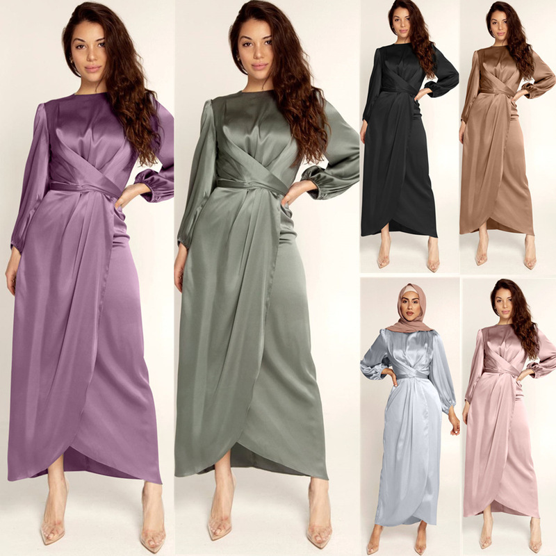 2024 New Solid Color Amazon Best-Selling Soft Waist-Cinching Dress European and American Dubai Satin Long Dress