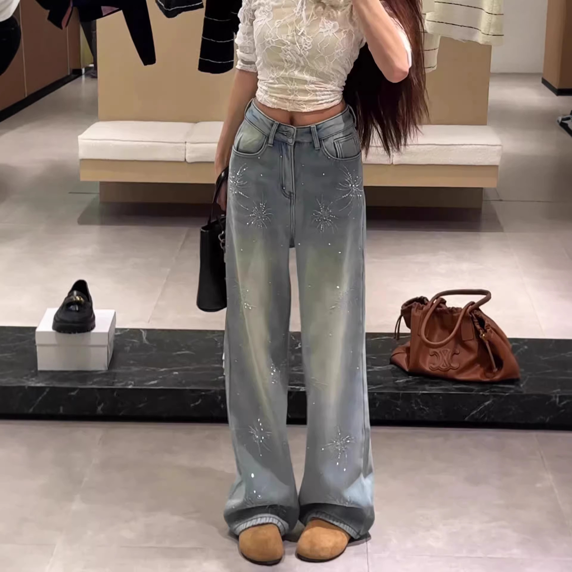 Women's Light Blue Flared Jeans With Firework Rhinestone Details – Fleece-Lined Winter Pants, High-Waisted Straight-Leg Denim For A Slimming Look_voghion.com