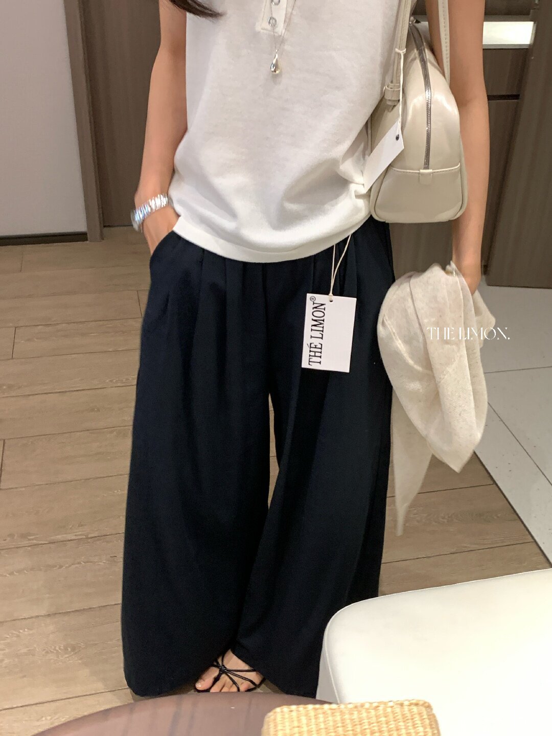Quần ống rộng nữ vải linen phối cotton dáng suông mùa hè — Xám gạo, Xanh xám nhạt, Xanh đen, Cam bí ngô chi tiết 25