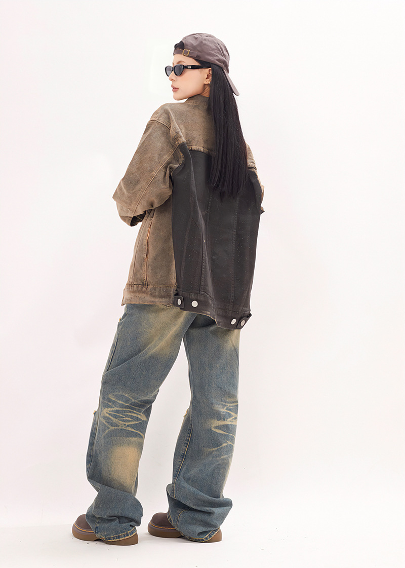 Abbigliamento maschile Giacca in denim retrò con colori a contrasto per uomo e donna, maniche lunghe, design con giunture, giacca alla moda di alta qualità, cardigan da coppia_voghion.com