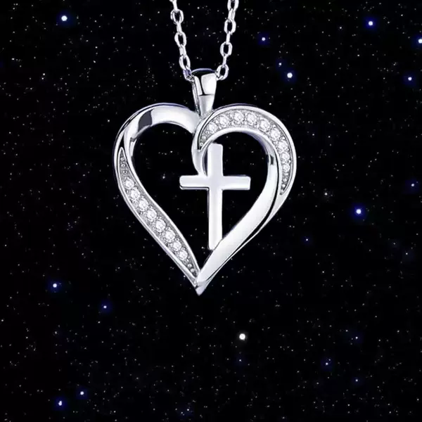 Cross-Border Fashion Style Amazon New Cross-Shaped Heart Pendant Necklace with Micro-Inlaid Zircon, Versatile Valentine's Day Gift